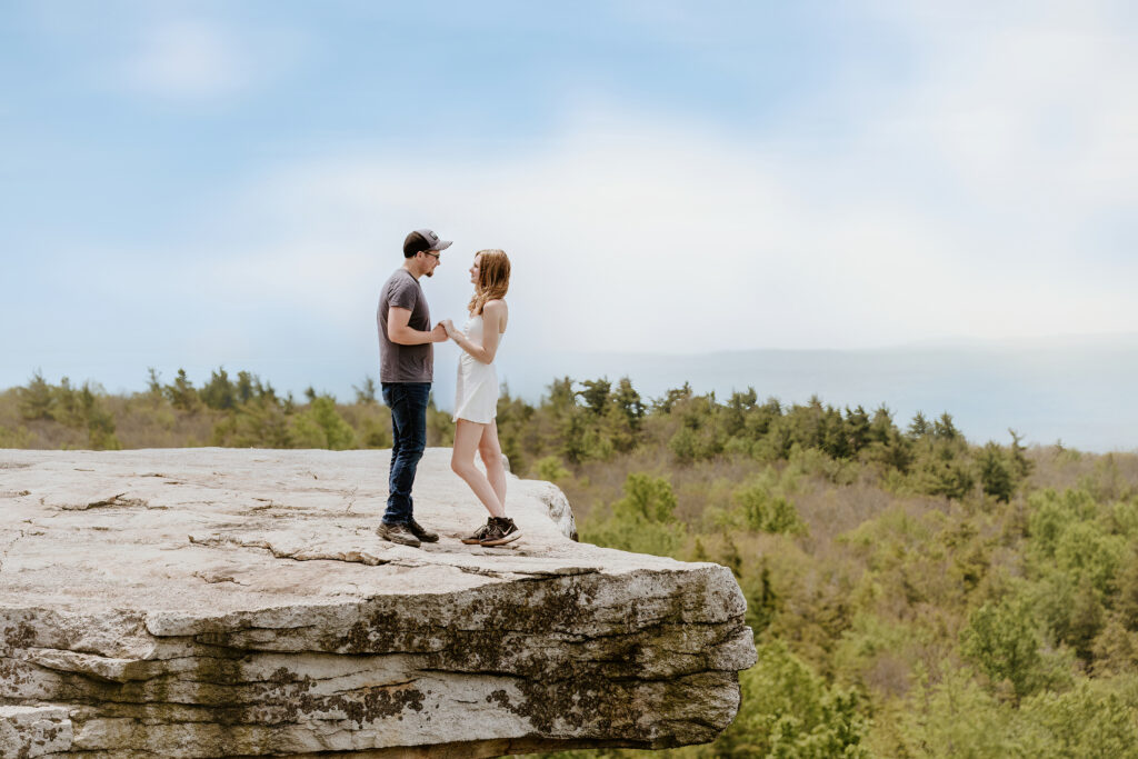 Two people stand hand in hand on a large rock outcrop overlooking a vast forest and a hazy horizon, under a pale blue sky.