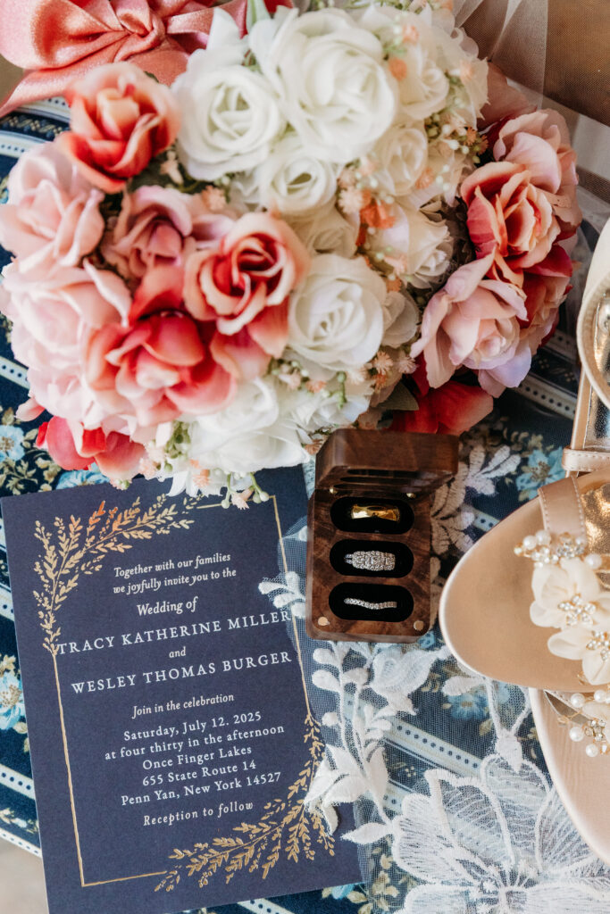 Wedding details with ring and flowers