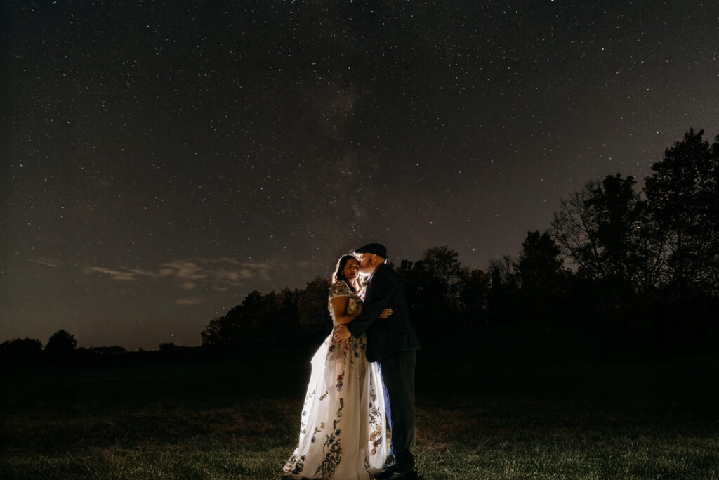A couple in wedding attire kissing in a grassy field at night under a star-filled sky.