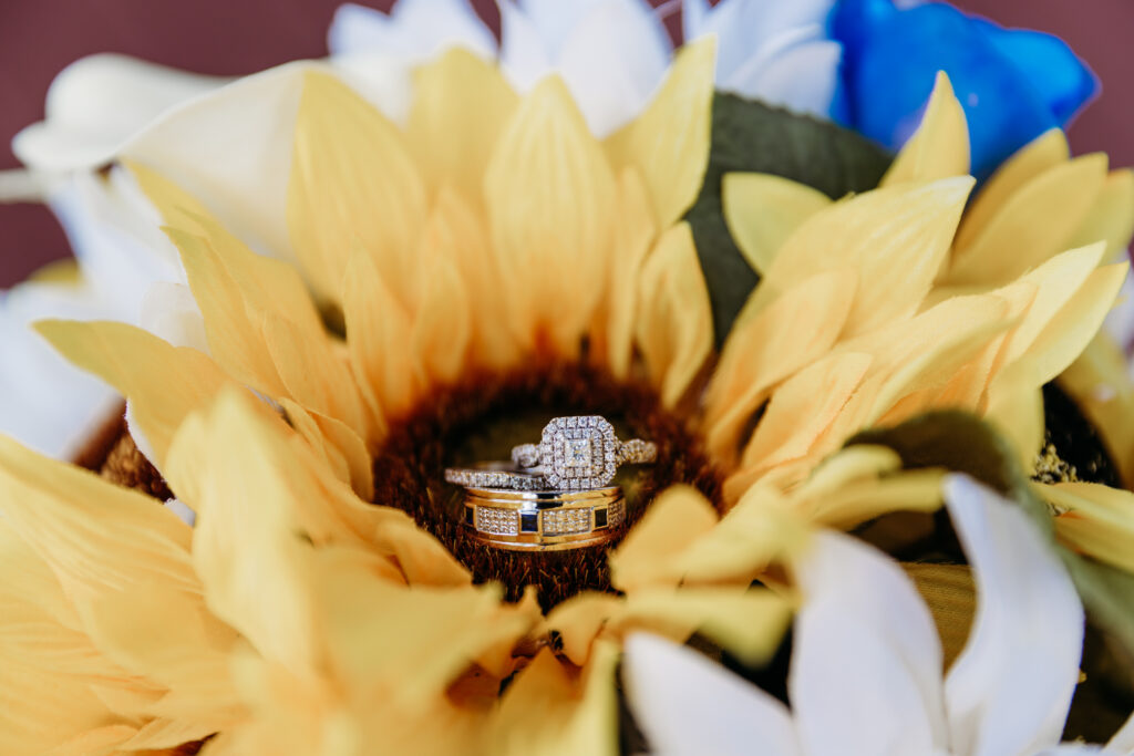 Three sparkling rings are nestled within the bright, golden center of a sunflower, surrounded by its vibrant yellow petals and some blue flora.