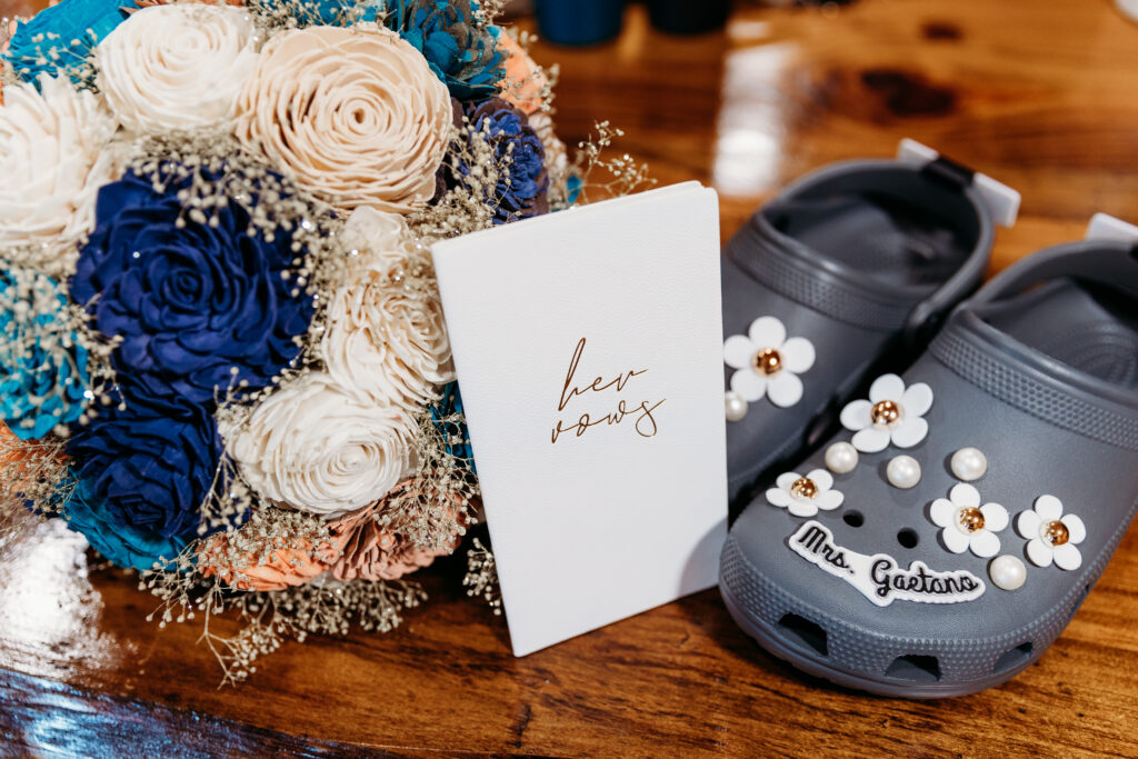 A bouquet, a booklet labeled