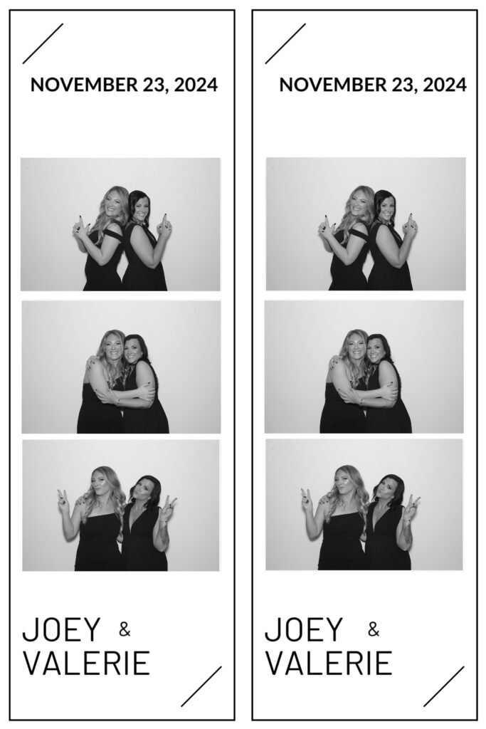 Two people in formal attire pose playfully for photos against a simple backdrop. Labeled "JOEY & VALERIE," dated November 23, 2024.