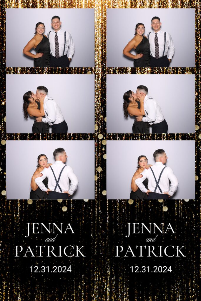 A couple poses playfully in a glittery-themed photo booth. "Jenna and Patrick, 12.31.2024" text displayed below.