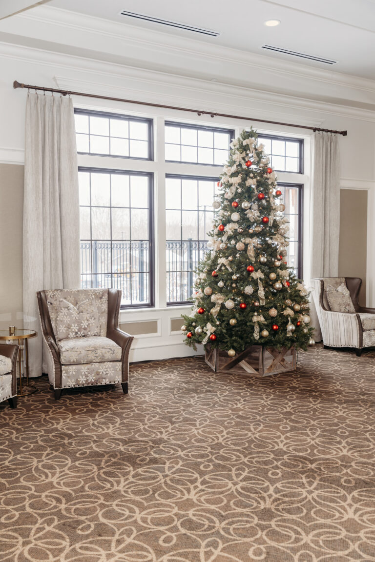 A cozy room with a tall decorated Christmas tree between two patterned armchairs by large windows.