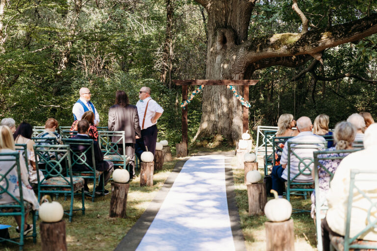 Outdoor wedding ceremony setup with a white aisle runner, chairs on either side, and guests gathered under trees.