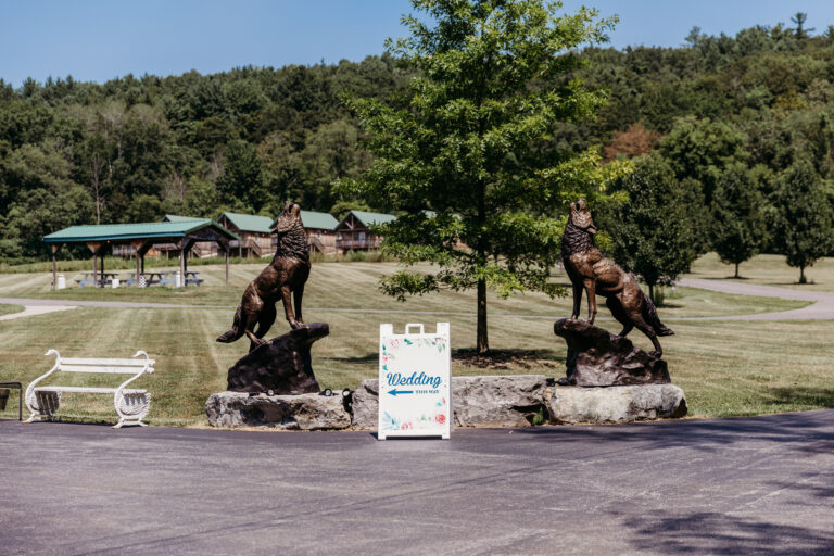 Two bronze equestrian statues on pedestals stand in a park with a sign between them and trees in the background.