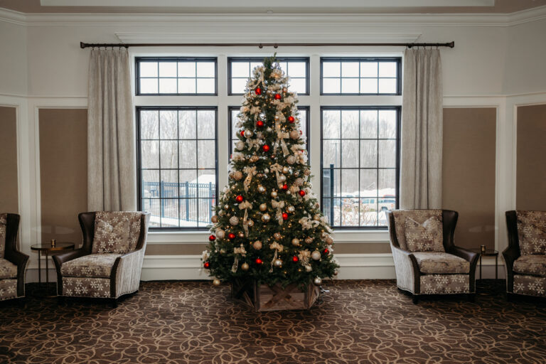 A decorated Christmas tree stands in a spacious lounge with upholstered armchairs and large multi-pane windows behind.