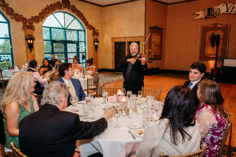Guests in formal attire dine around a round table as a violinist performs in a warmly lit, ornate banquet hall.