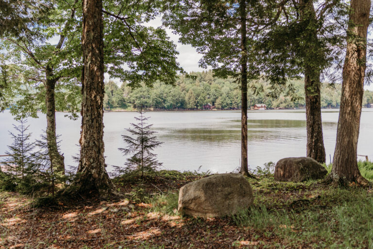 Trees line the lakeshore with large rocks in the foreground and a calm lake reflecting the forest.